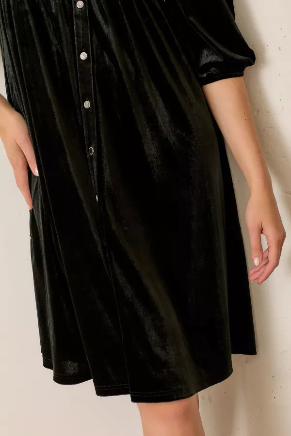 The Amethyst Button Up Velvet Midi Dress in Black