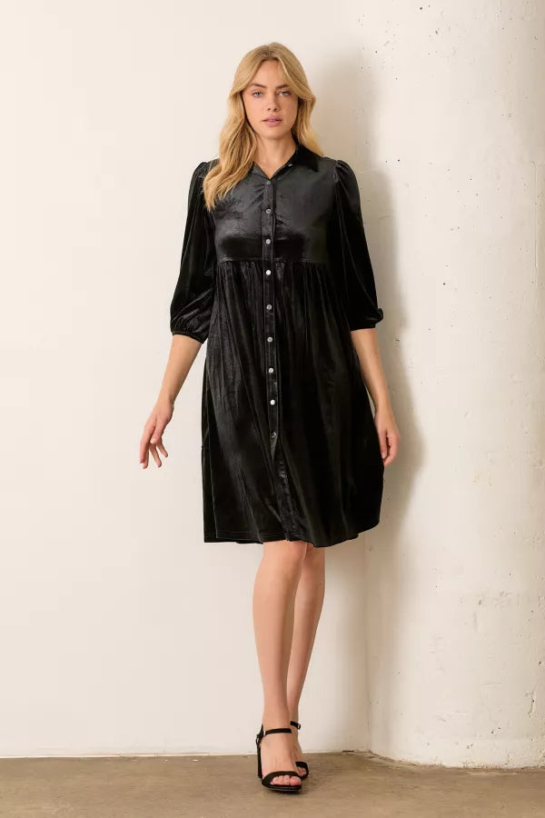 The Amethyst Button Up Velvet Midi Dress in Black