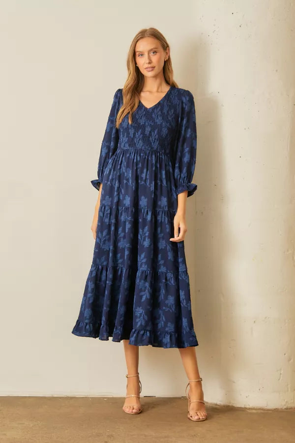 The Astrid Smocked Midi Dress in Navy