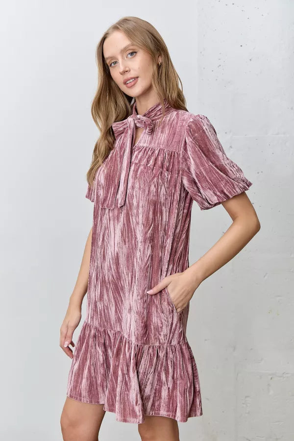 Azli Velvet Mini Dress with Neck Scarf Dusty Mauve