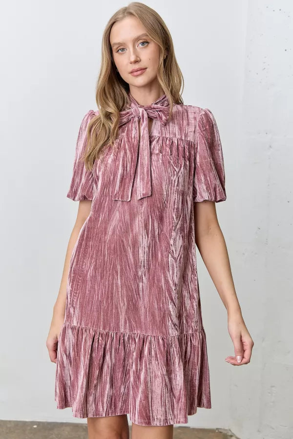 Azli Velvet Mini Dress with Neck Scarf Dusty Mauve