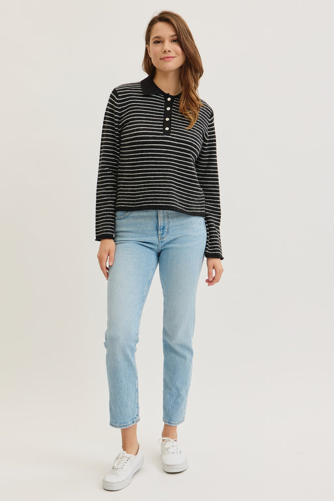 The Kendra Striped Knit Polo Long Sleeve Sweater Black/White