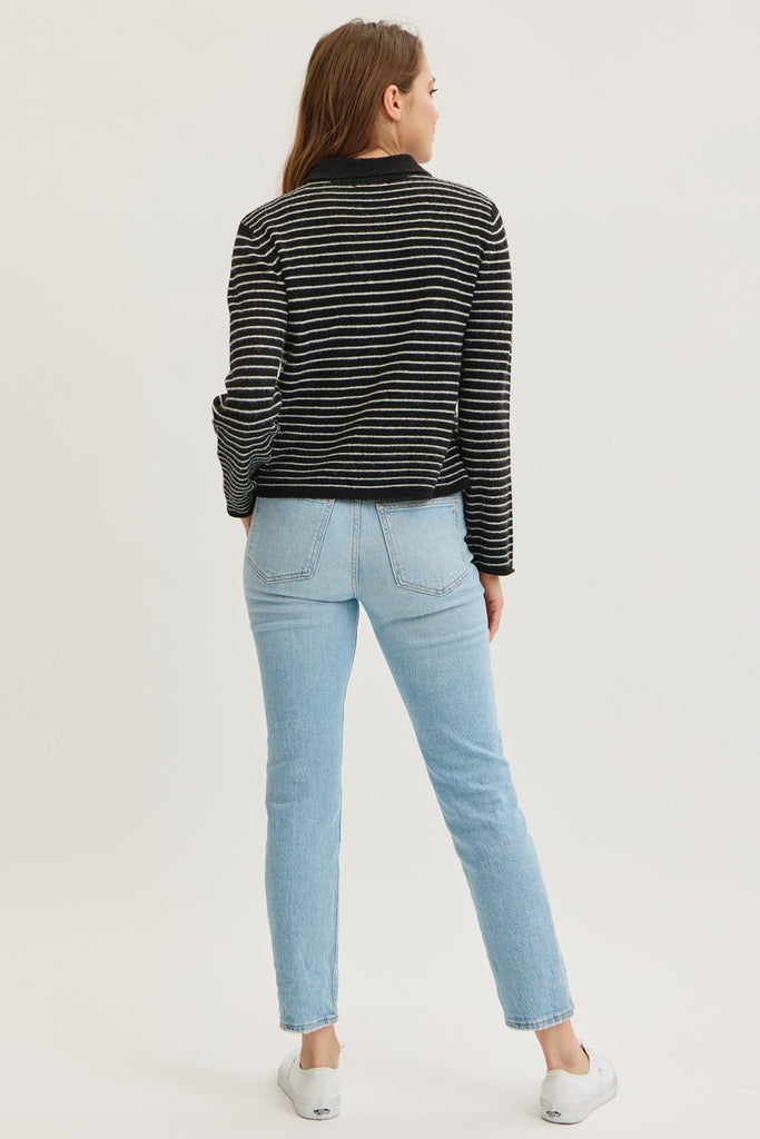 The Kendra Striped Knit Polo Long Sleeve Sweater Black/White