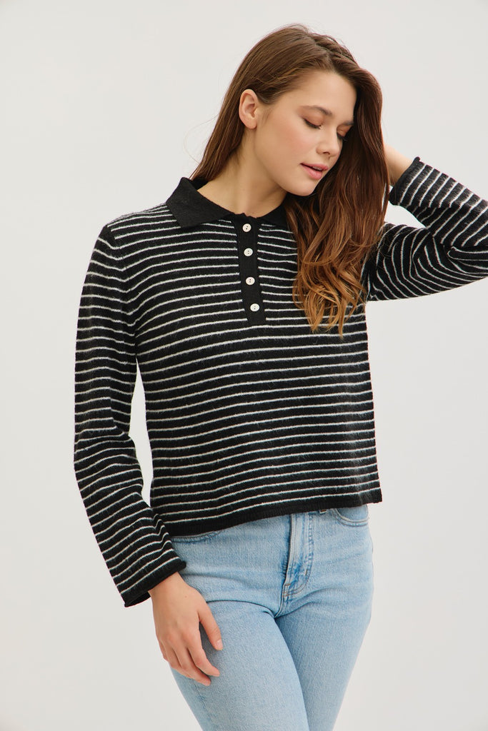 The Kendra Striped Knit Polo Long Sleeve Sweater Black/White