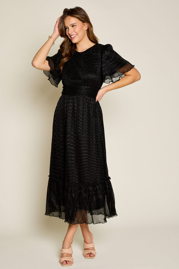 The Elle Crinkled Lurex Maxi Dress in Black