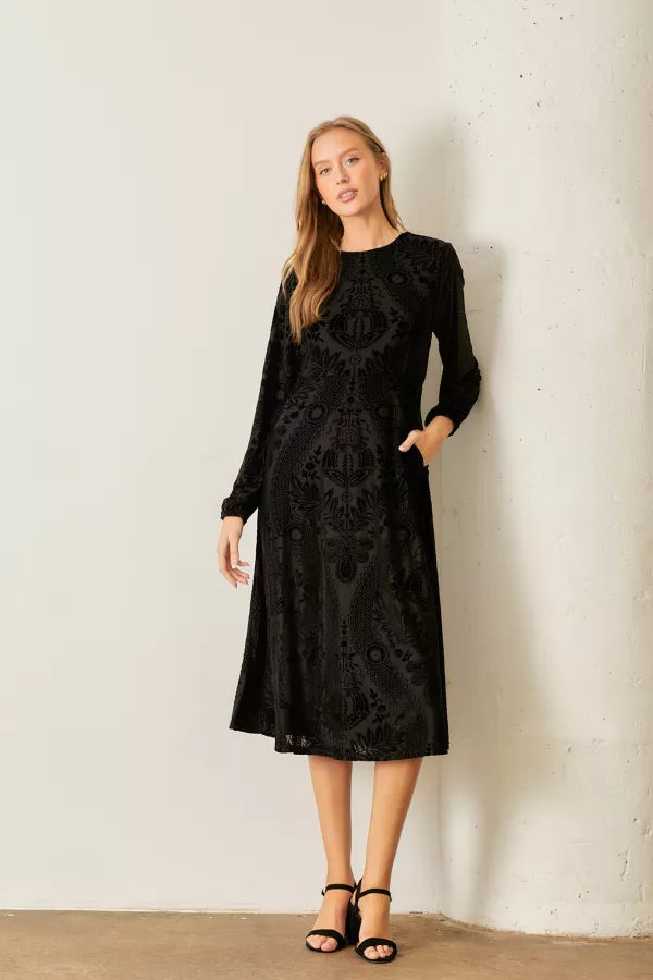 The Blaire Burnout Velvet Print Midi Dress in Black