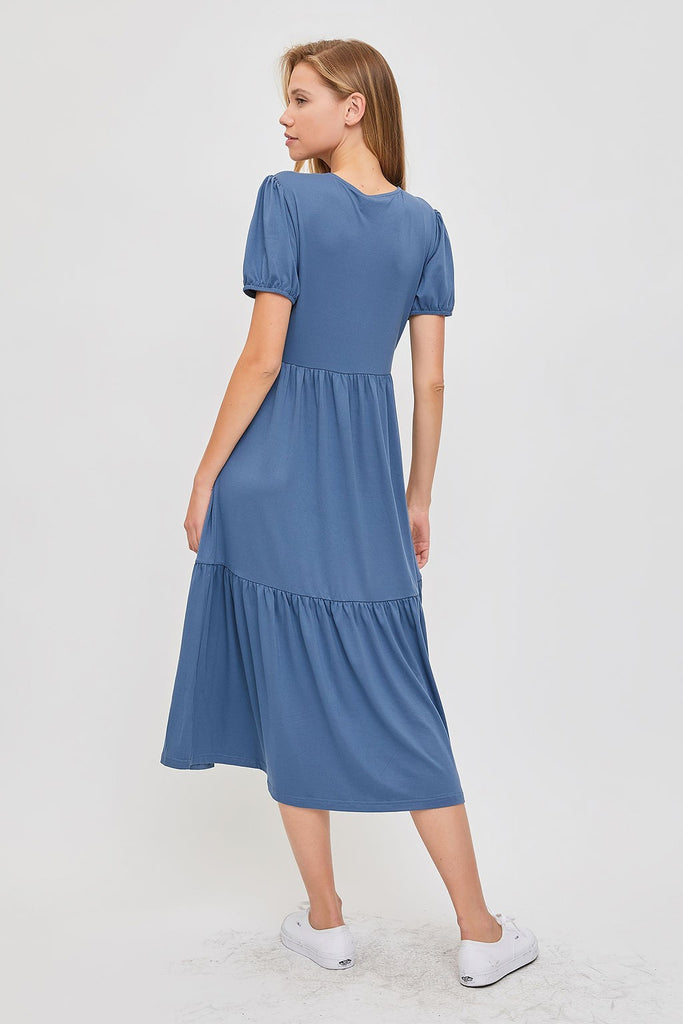 The Maeve Puff Sleeve Jersey Dress in Dusty Blue