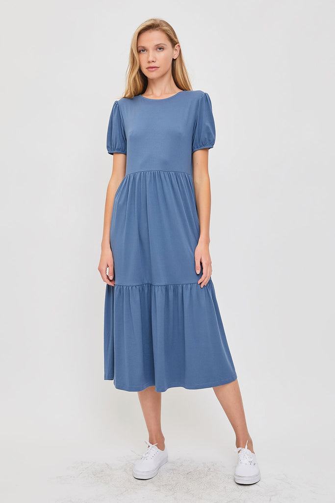 The Maeve Puff Sleeve Jersey Dress in Dusty Blue