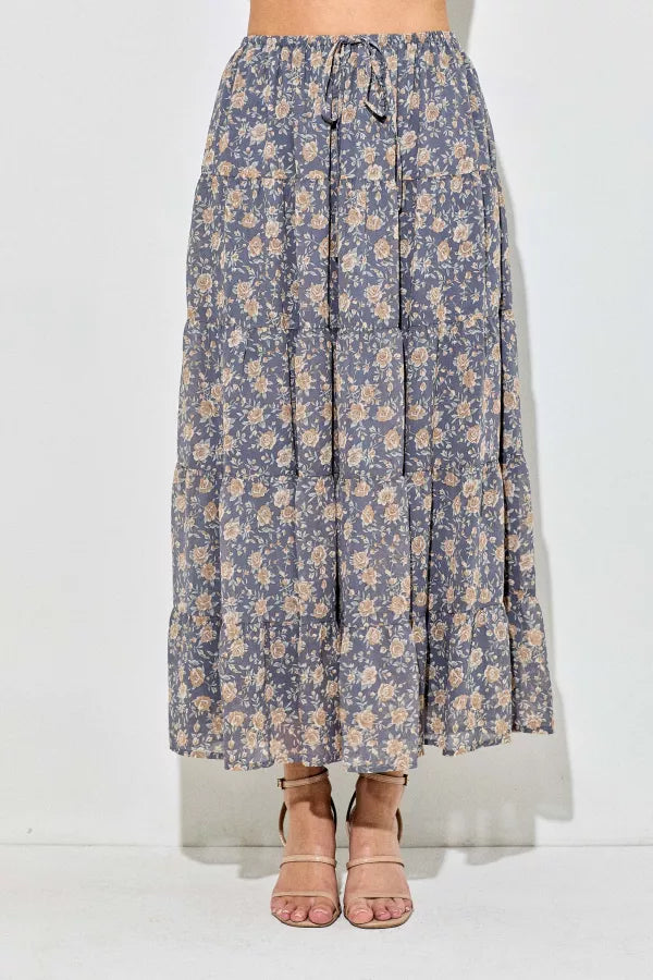 The Bronwyn Floral Print Tiered Maxi Skirt Slate Blue