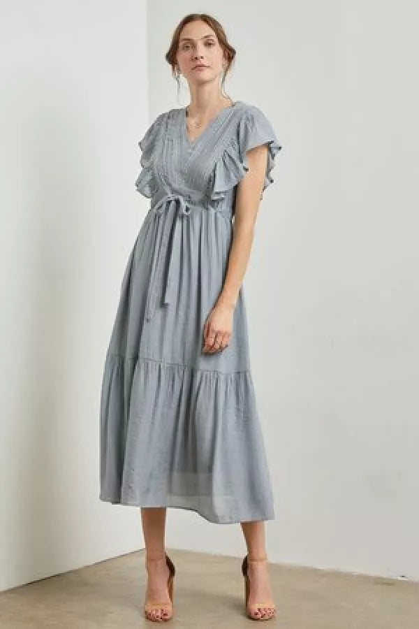 The Natalie V-Neck Midi Dress in Dusty Blue