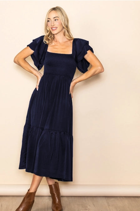 The Emmie Satin Flowy Smocked Dress in Midnight