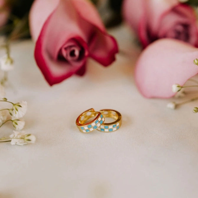 Blue & White Checkered Gold Hoop