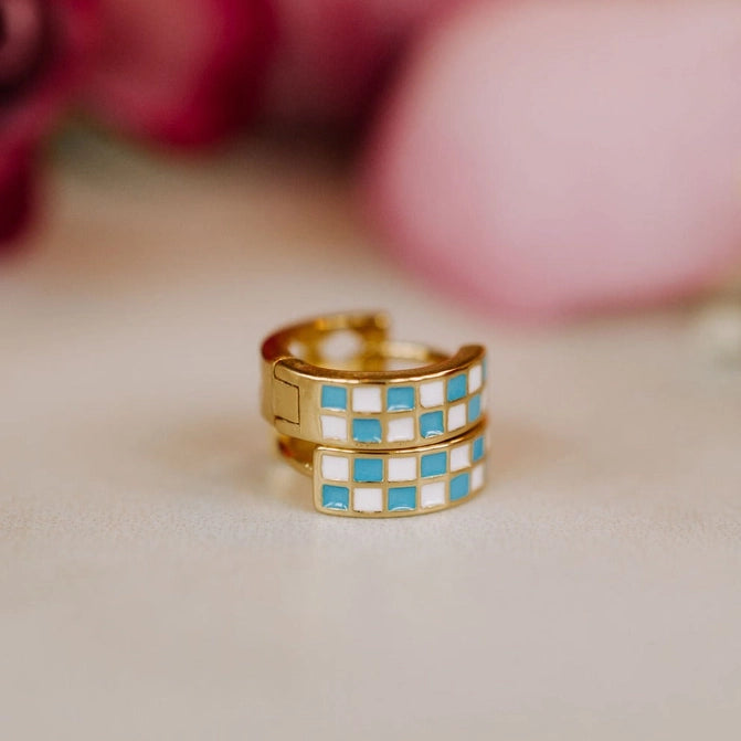 Blue & White Checkered Gold Hoop