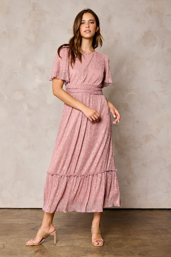 The Elle Crinkled Lurex Maxi Dress in Blush