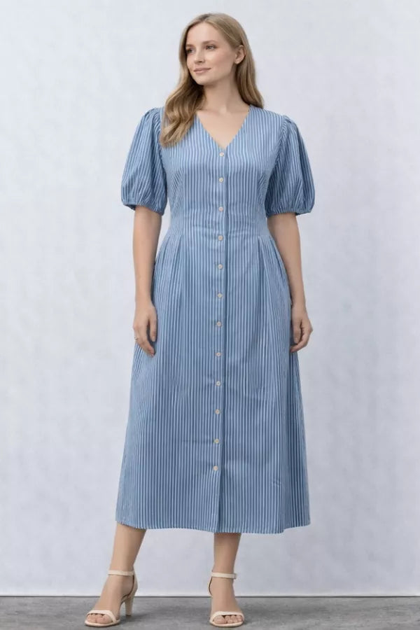 The Breann Pinstripe Denim Dress S