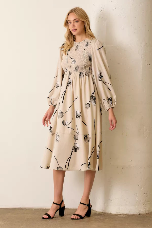 The Bree Floral Smocked Midi Dress in Beige