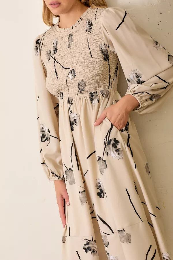 The Bree Floral Smocked Midi Dress in Beige