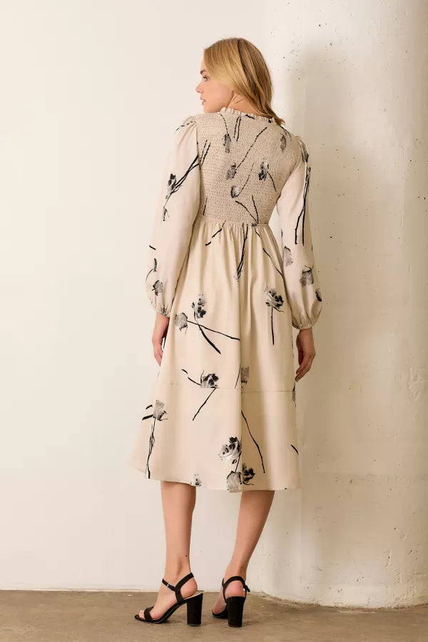 The Bree Floral Smocked Midi Dress in Beige