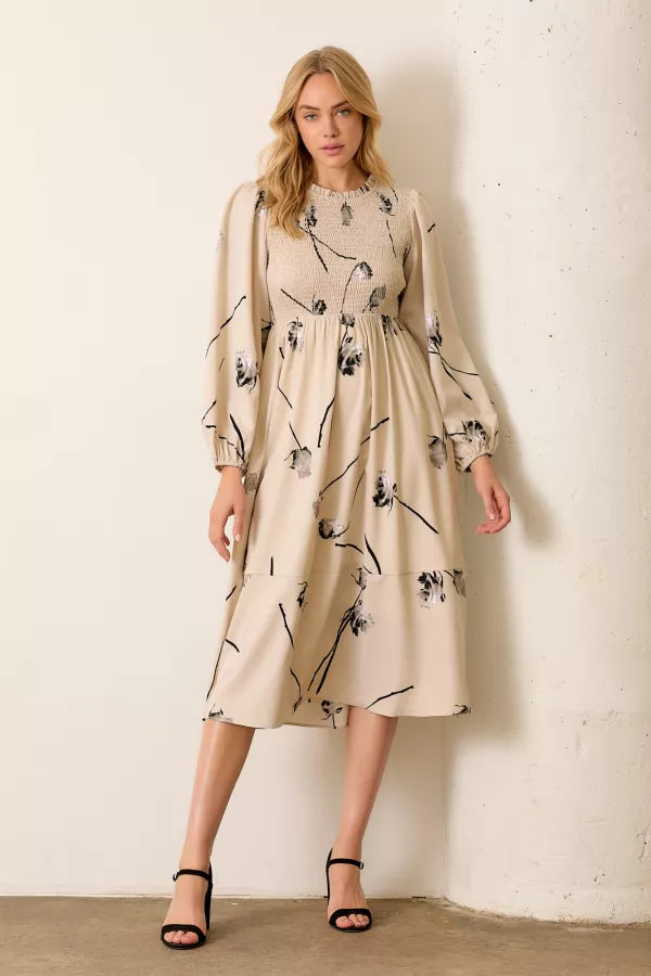 The Bree Floral Smocked Midi Dress in Beige