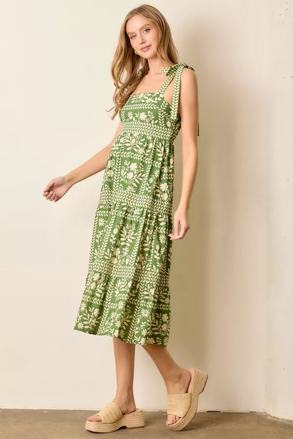 The Breann Tie Strap Midi Dress in Green