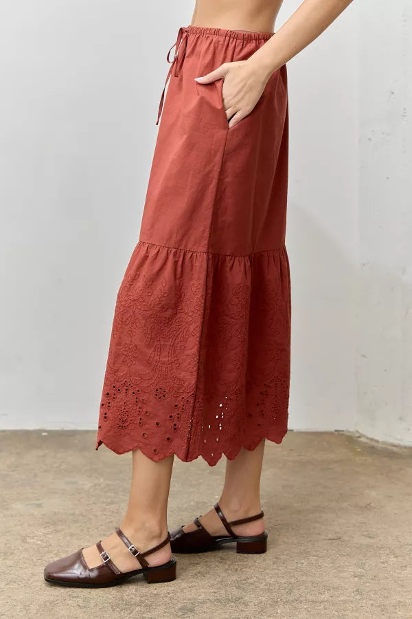 The Cora Scallop Embroidered Eyelet Maxi Skirt Brick