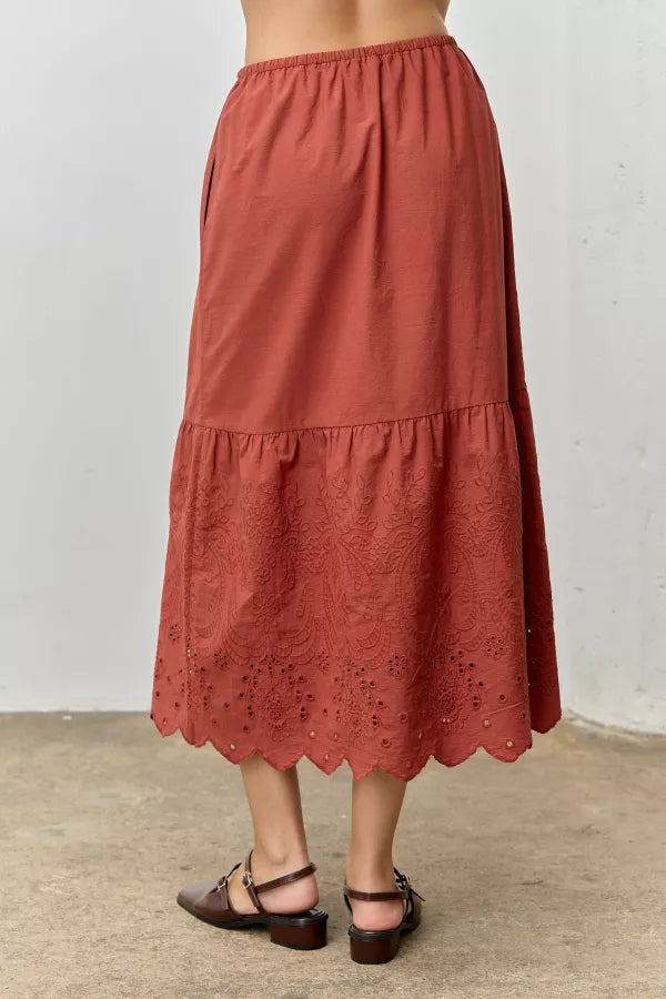 The Cora Scallop Embroidered Eyelet Maxi Skirt Brick