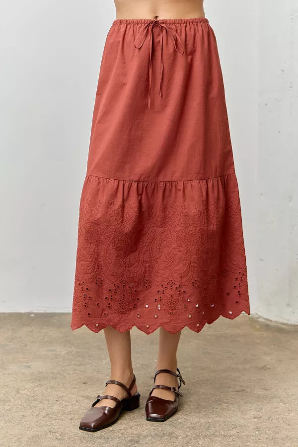 The Cora Scallop Embroidered Eyelet Maxi Skirt Brick