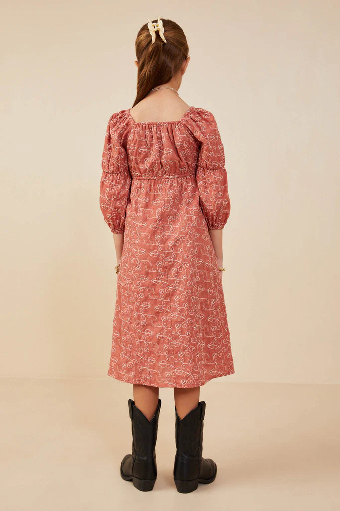 The Caden Girls Botanical Embroidered Dress in Rust