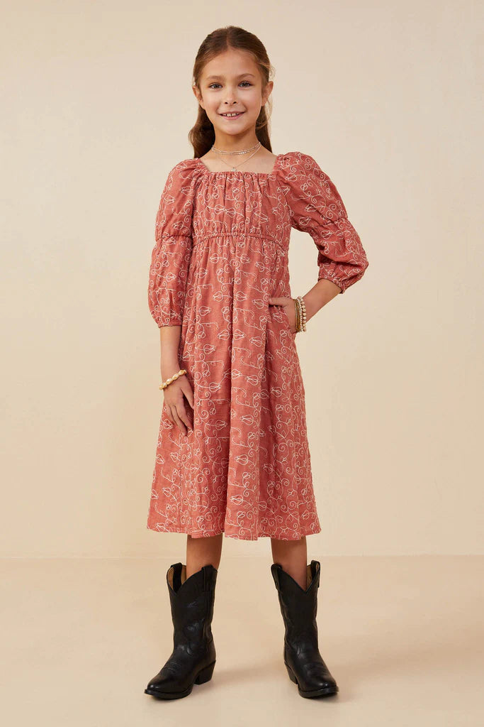 The Caden Girls Botanical Embroidered Dress in Rust