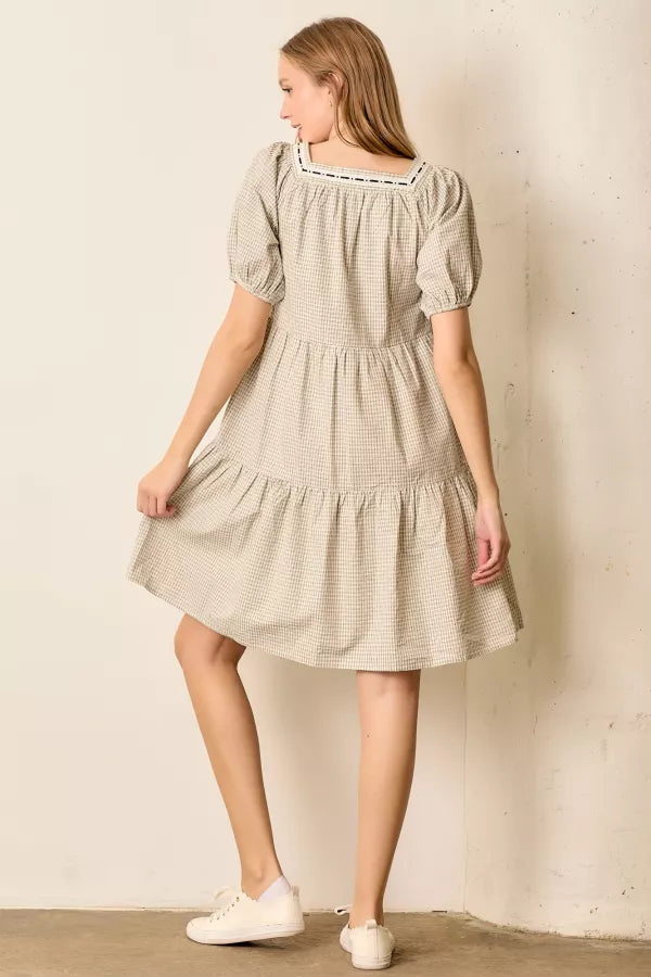 The Cairen Checkered Tiered Dress in Cream/Black