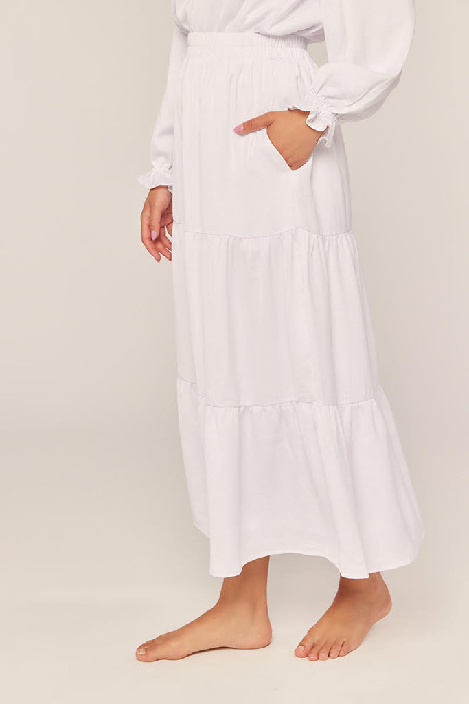The Carli White Tiered Maxi Skirt Temple