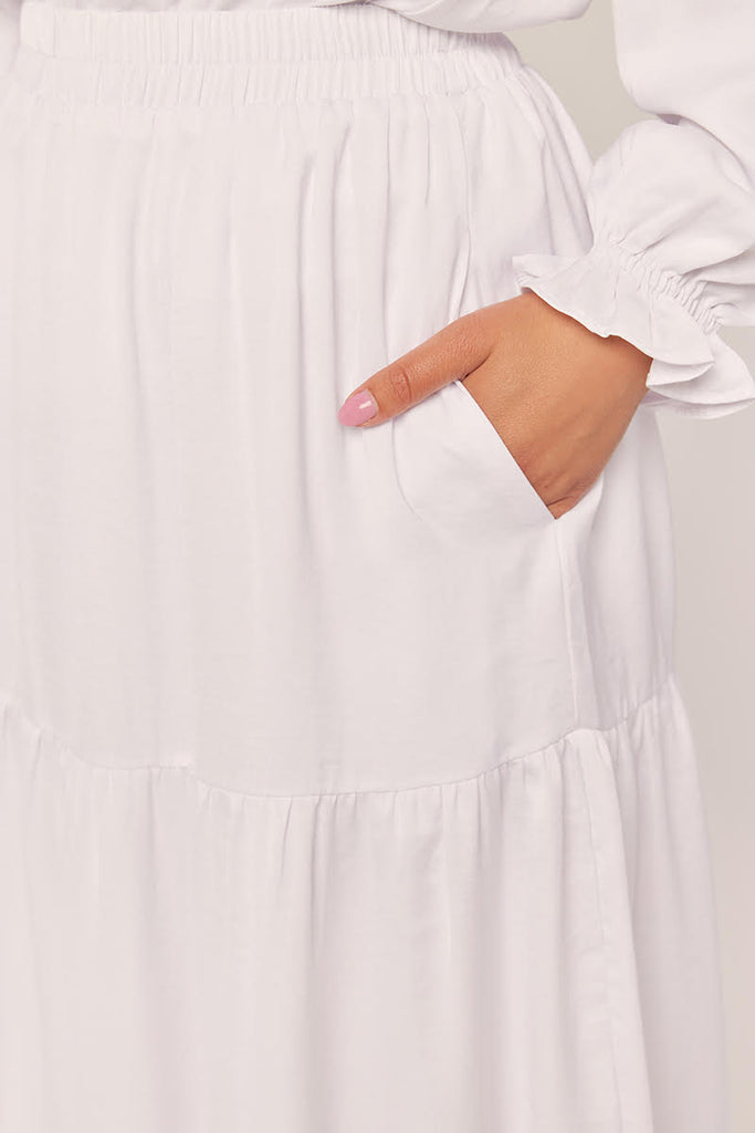The Carli White Tiered Maxi Skirt Temple