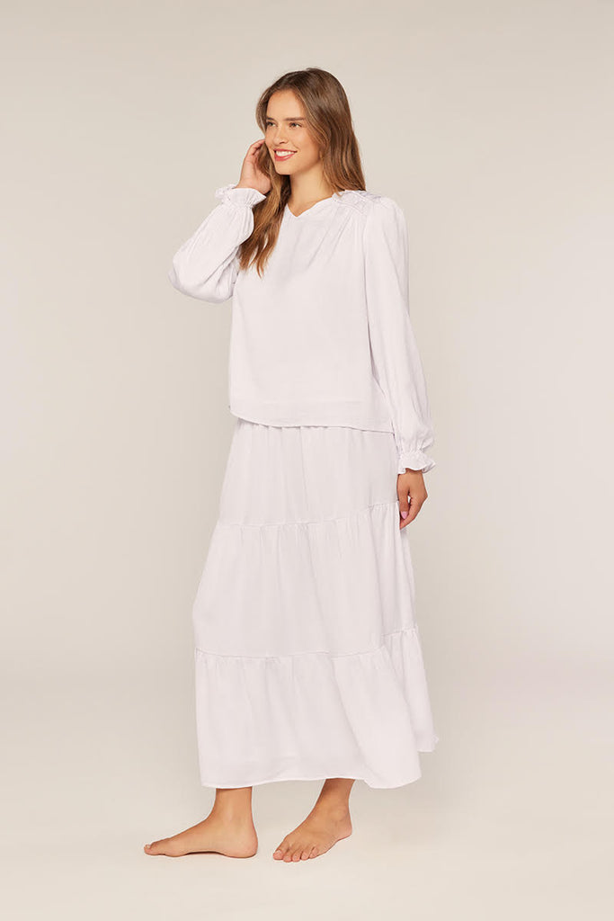 The Carli White Detailed Shoulder w/Ruffle Top Temple