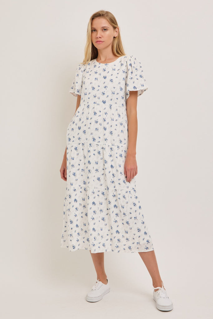 The Carolee Gauze Tiered Midi Dress in White/Blue