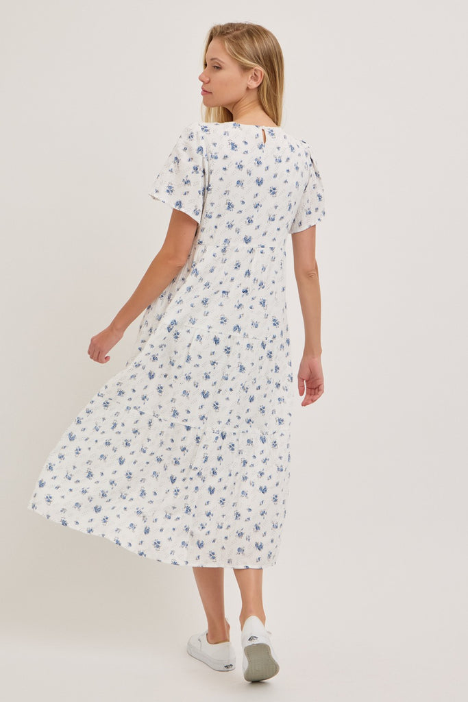 The Carolee Gauze Tiered Midi Dress in White/Blue