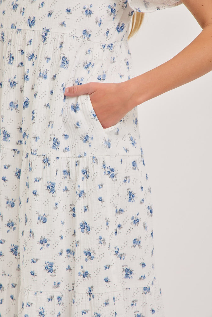 The Carolee Gauze Tiered Midi Dress in White/Blue