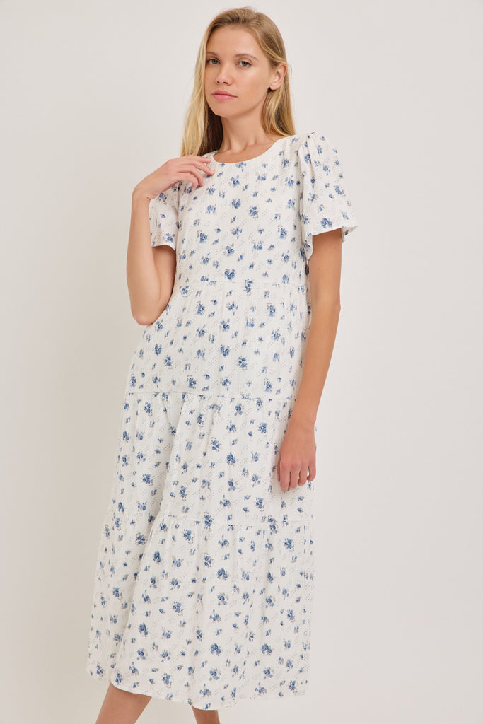 The Carolee Gauze Tiered Midi Dress in White/Blue