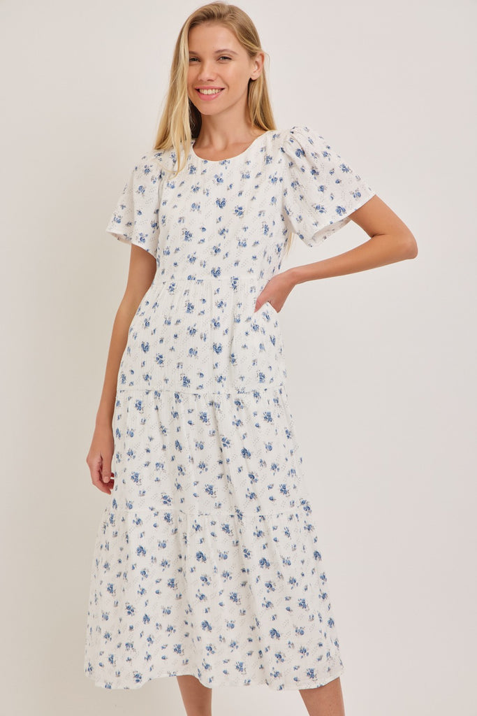 The Carolee Gauze Tiered Midi Dress in White/Blue