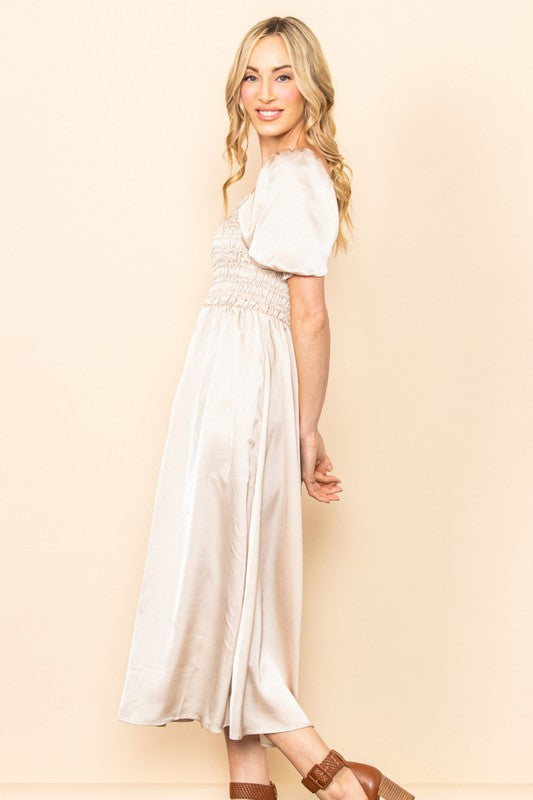 The London Square Neck Flowy Satin Dress in Champagne L The London Square Neck Flowy Satin Dress in Champagne L