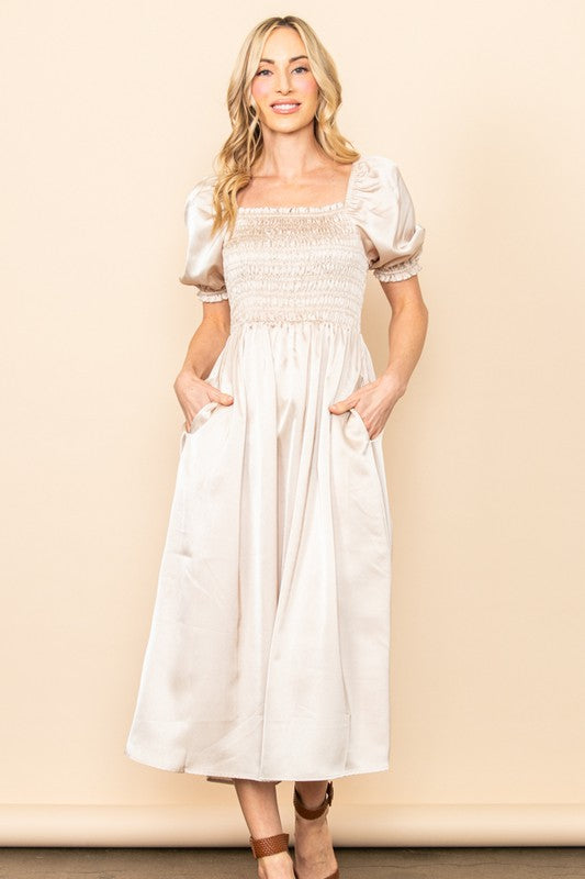 The London Square Neck Flowy Satin Dress w/ Pockets in Champagne