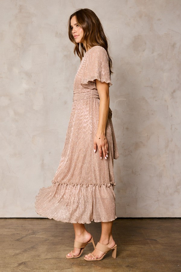The Elle Crinkled Lurex Maxi Dress in Champagne