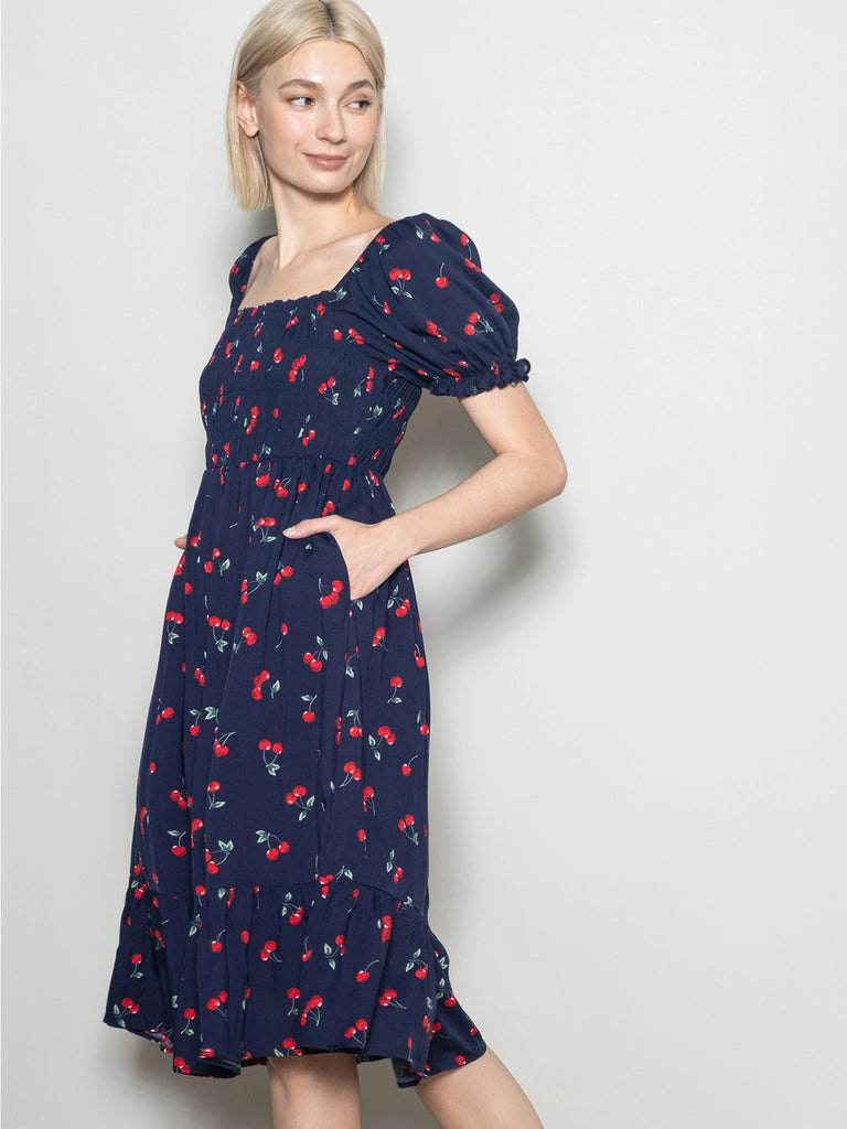 The Cherry Print Midi Dress in Midnight