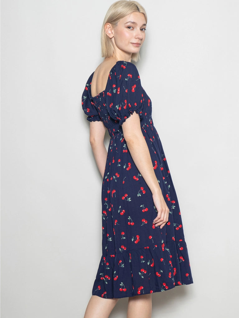 The Cherry Print Midi Dress in Midnight