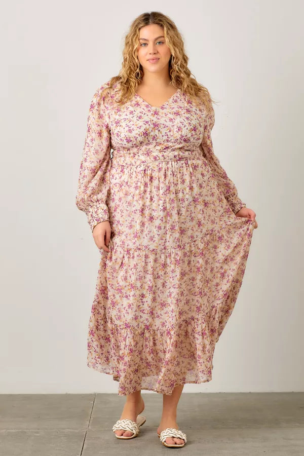 The Cherry Tiered Waist Maxi Dress in Off White Curvy