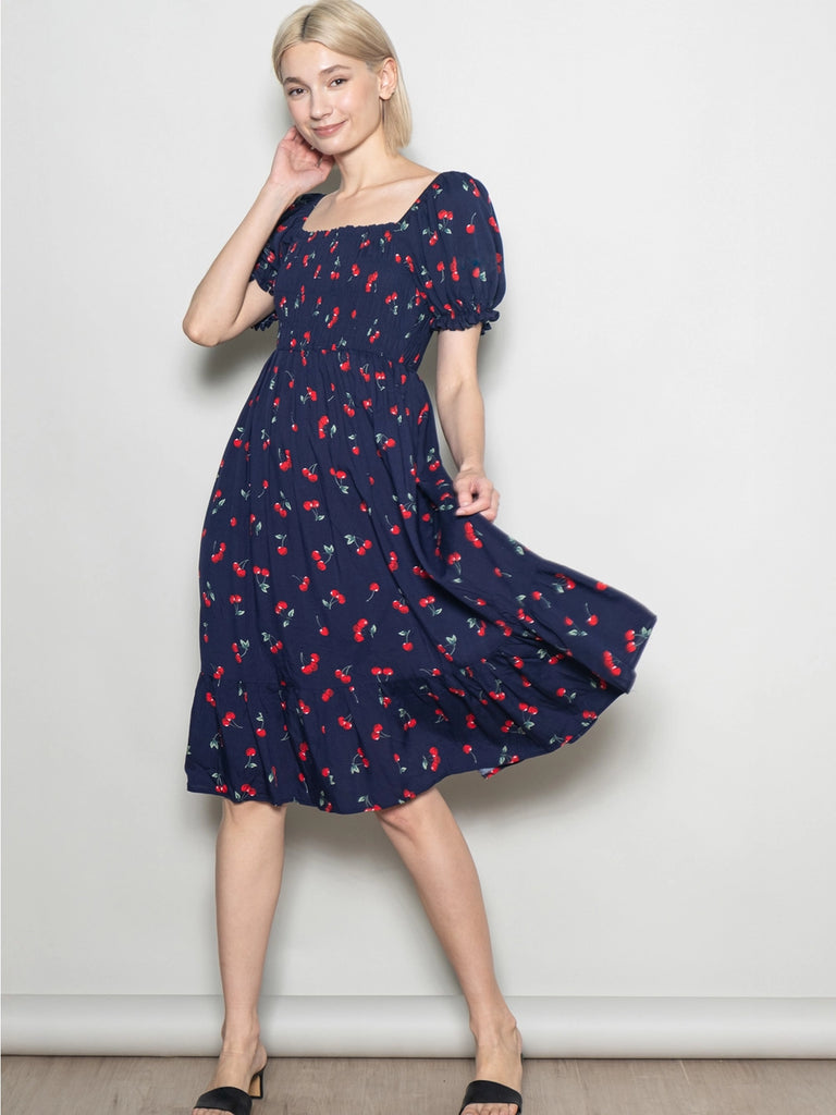 The Cherry Print Midi Dress in Midnight