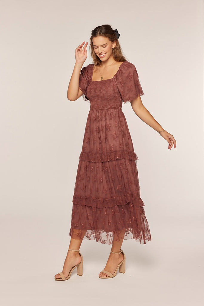 The Laney Jacquard Mesh Tiered Dress Chocolate