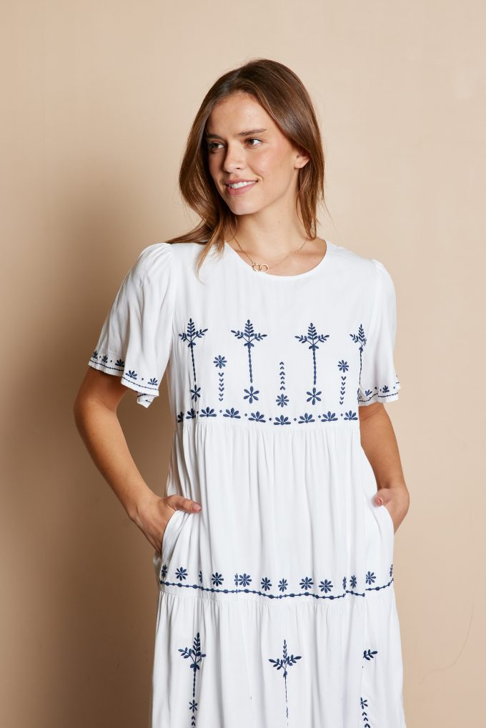 The Christine Embroidered Tiered Dress in White