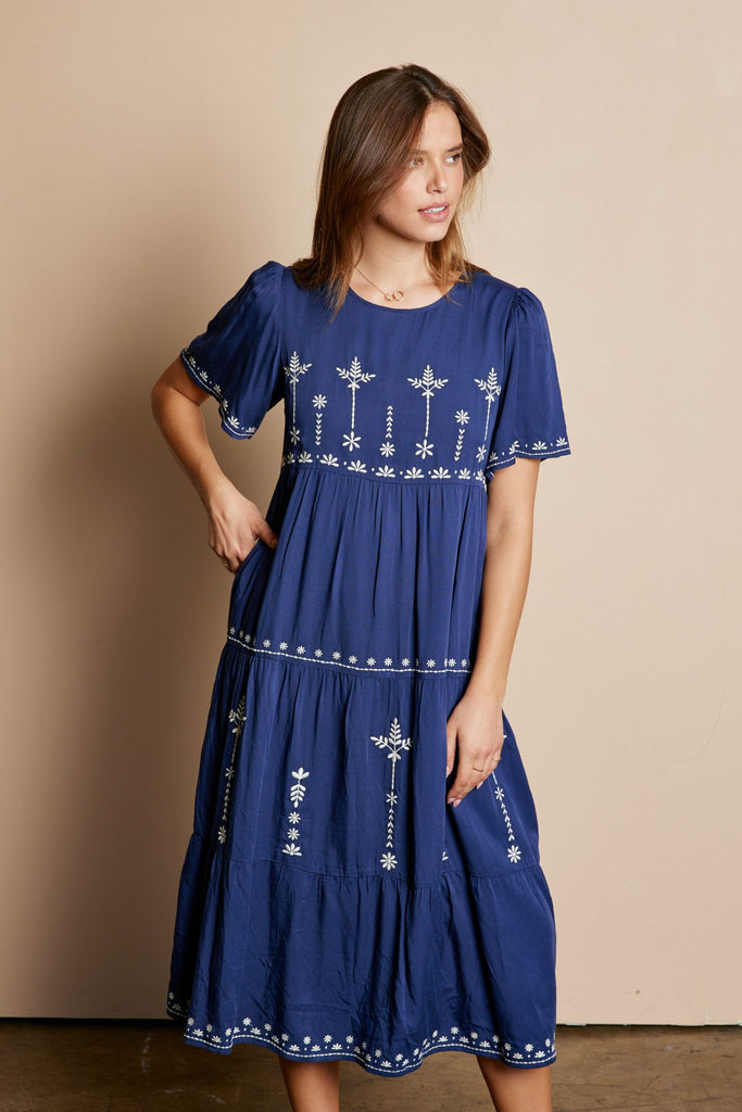 The Christine Embroidered Tiered Dress in Navy