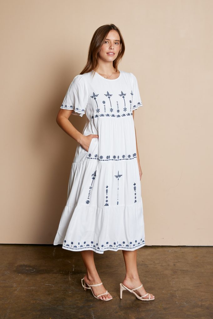 The Christine Embroidered Tiered Dress in White