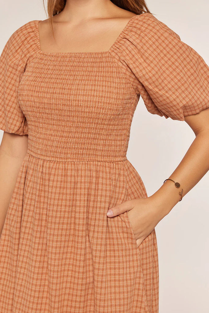 The Chantel Smocked Gingham Dress Clay